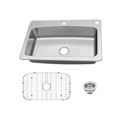 Dual Mount 18-Gauge Stainless Steel 33 in. 2-Hole Single Bowl Kitchen Sink with Grid and Drain Assembly