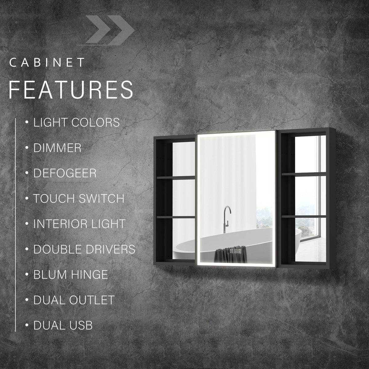 WELLFOR W12 44-in x 30-in Lighted LED Fog Free Surface/Recessed Mount Anodized Black Aluminum Mirrored Soft Close Medicine Cabinet with Outlet