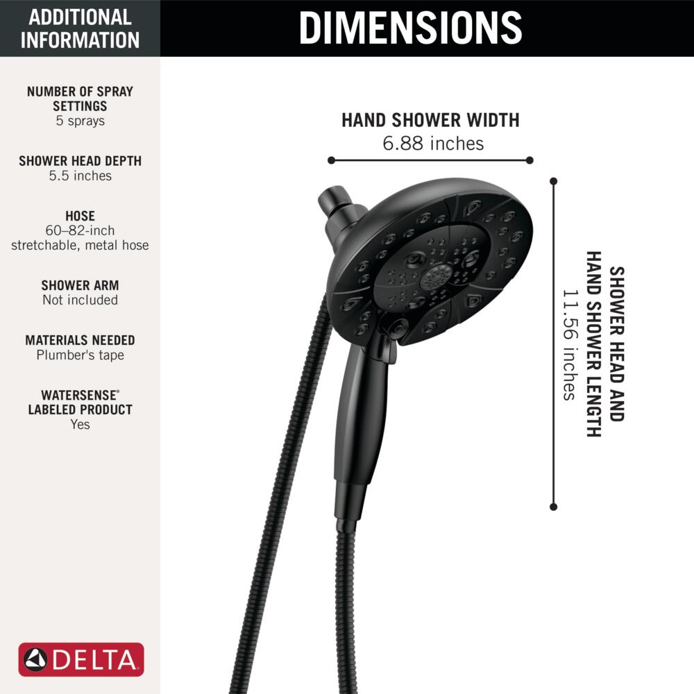 Delta Universal Showering Components Matte Black 5-Spray Dual/Combo Shower Head with Hand Shower, 1.75 GPM (6.6 LPM), 6.88-in