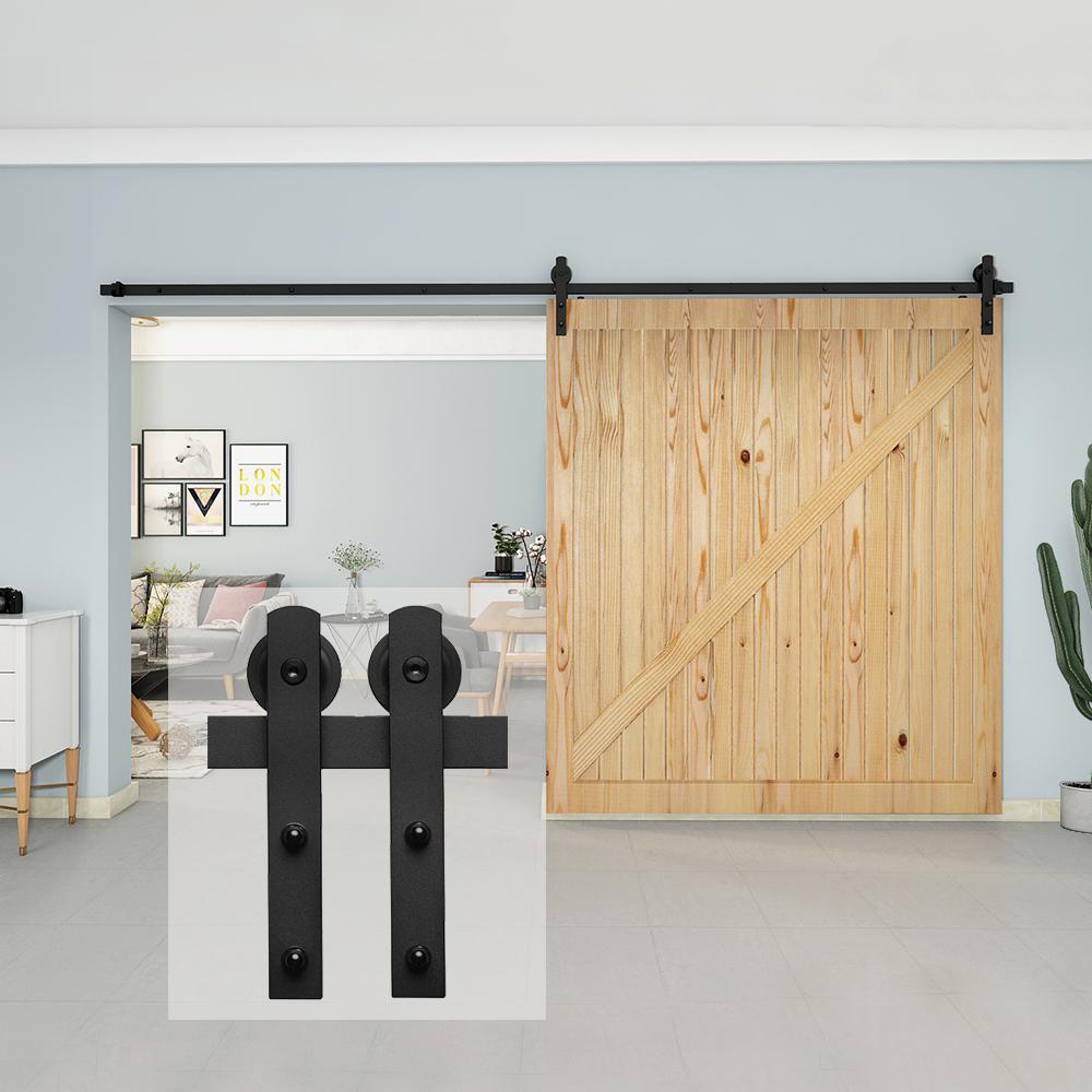 12 ft./144 in Black Straight Strap Sliding Barn Door Track and Hardware Kit for Single Door with Floor Guide - Super Arbor