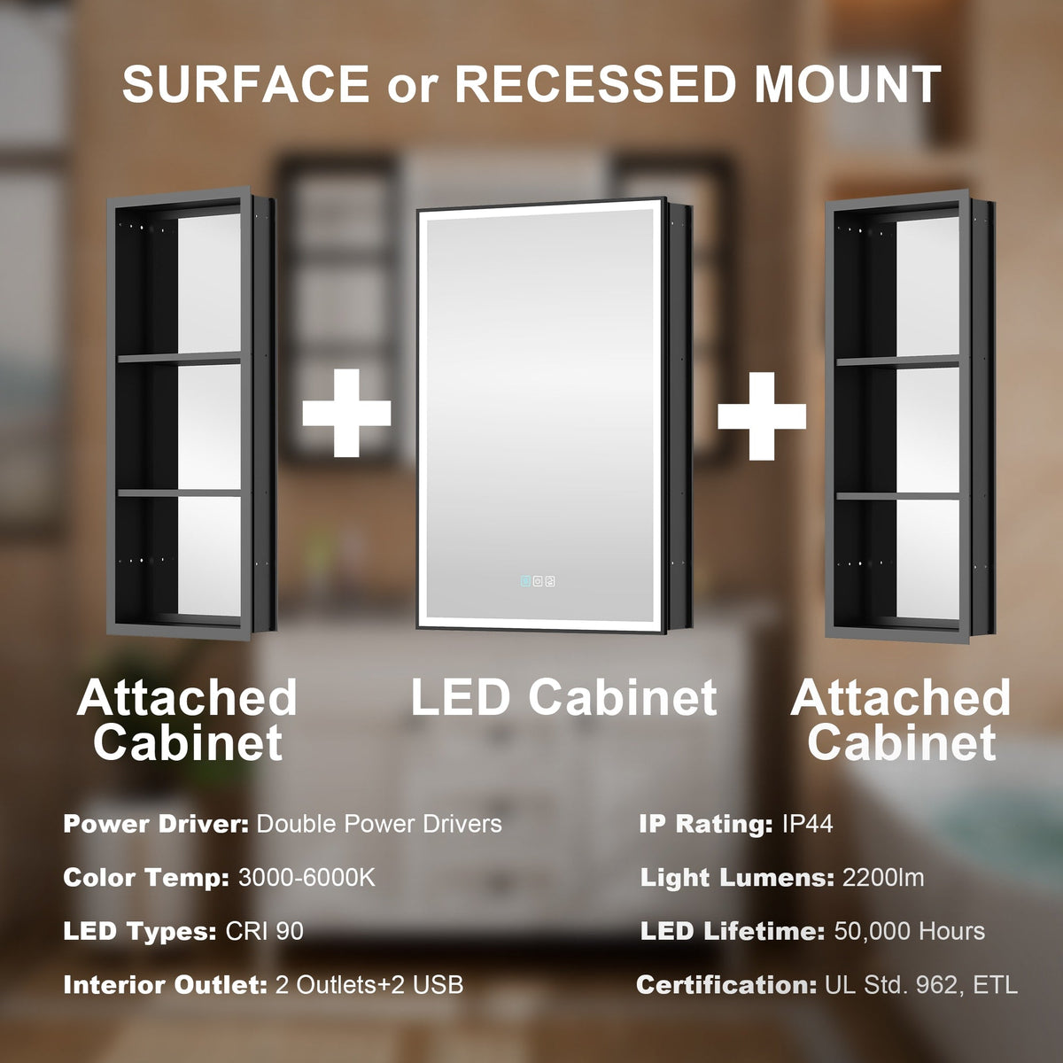 WELLFOR W12 44-in x 30-in Lighted LED Fog Free Surface/Recessed Mount Anodized Black Aluminum Mirrored Soft Close Medicine Cabinet with Outlet