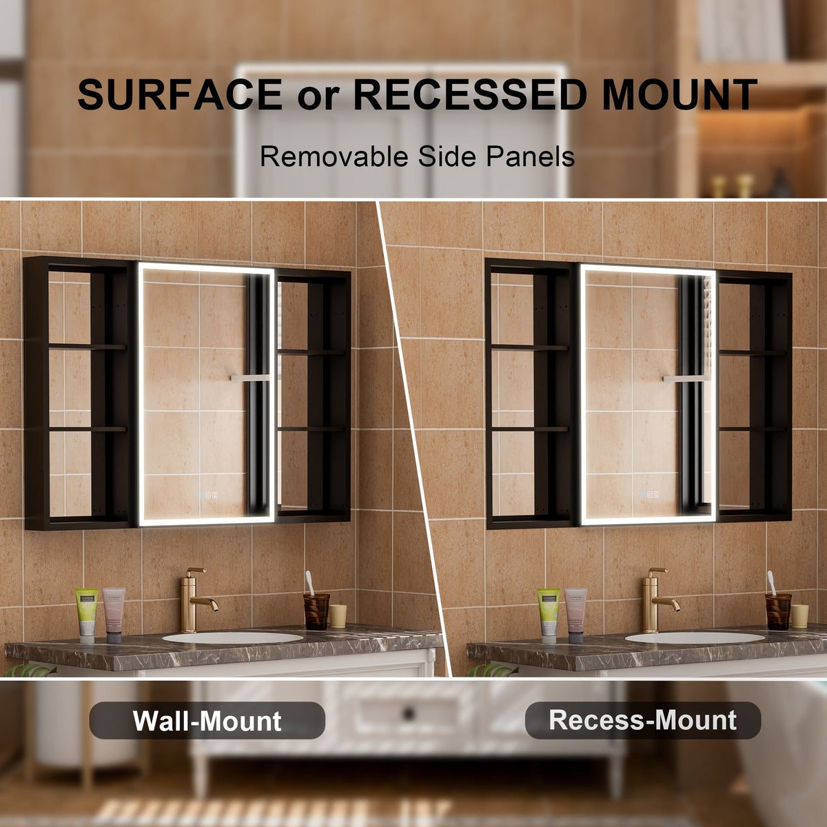 WELLFOR W12 44-in x 30-in Lighted LED Fog Free Surface/Recessed Mount Anodized Black Aluminum Mirrored Soft Close Medicine Cabinet with Outlet