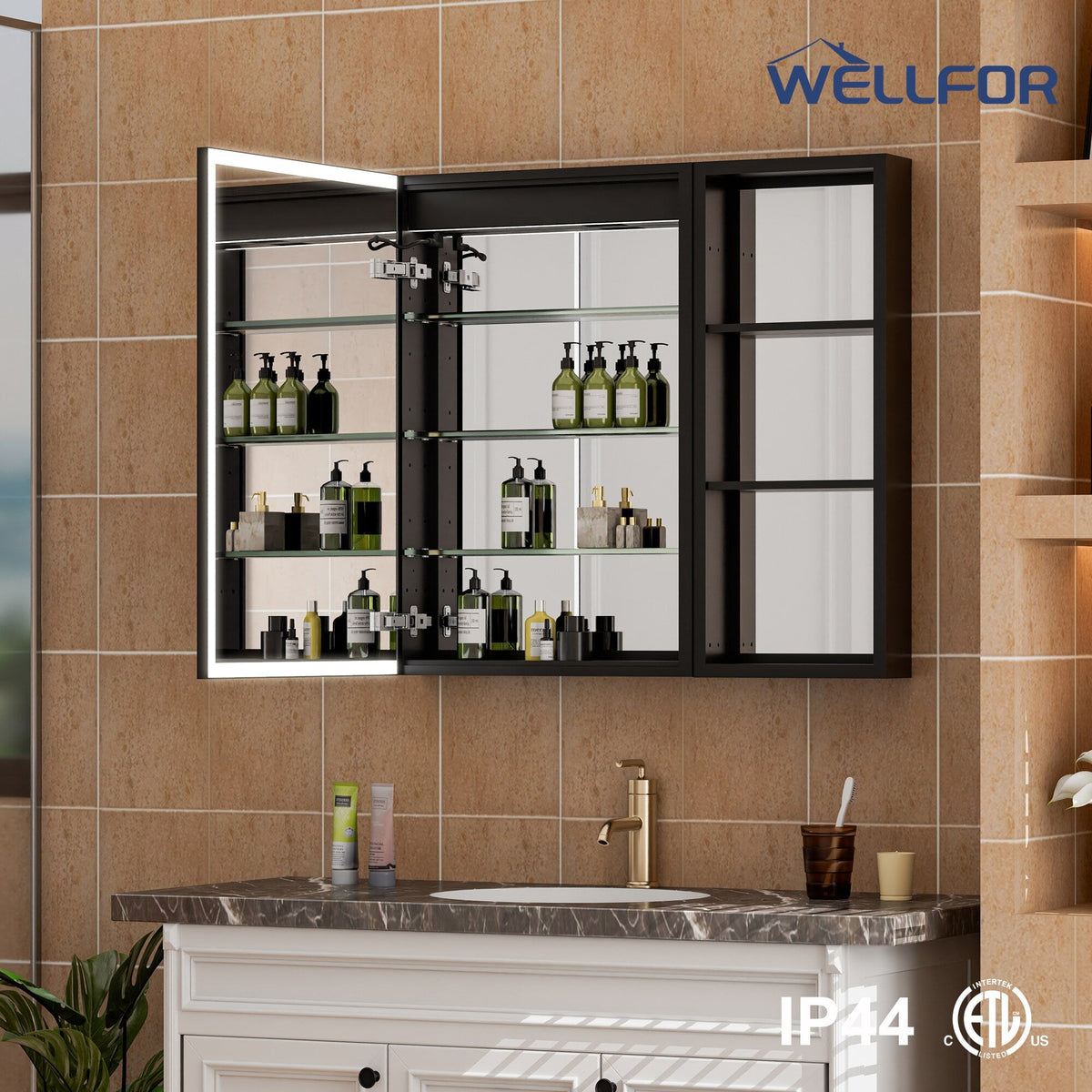 WELLFOR W12 44-in x 30-in Lighted LED Fog Free Surface/Recessed Mount Anodized Black Aluminum Mirrored Soft Close Medicine Cabinet with Outlet