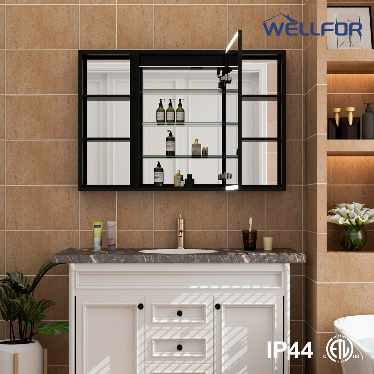 WELLFOR W12 44-in x 30-in Lighted LED Fog Free Surface/Recessed Mount Anodized Black Aluminum Mirrored Soft Close Medicine Cabinet with Outlet