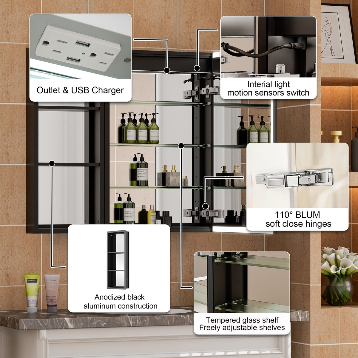 WELLFOR W12 44-in x 30-in Lighted LED Fog Free Surface/Recessed Mount Anodized Black Aluminum Mirrored Soft Close Medicine Cabinet with Outlet