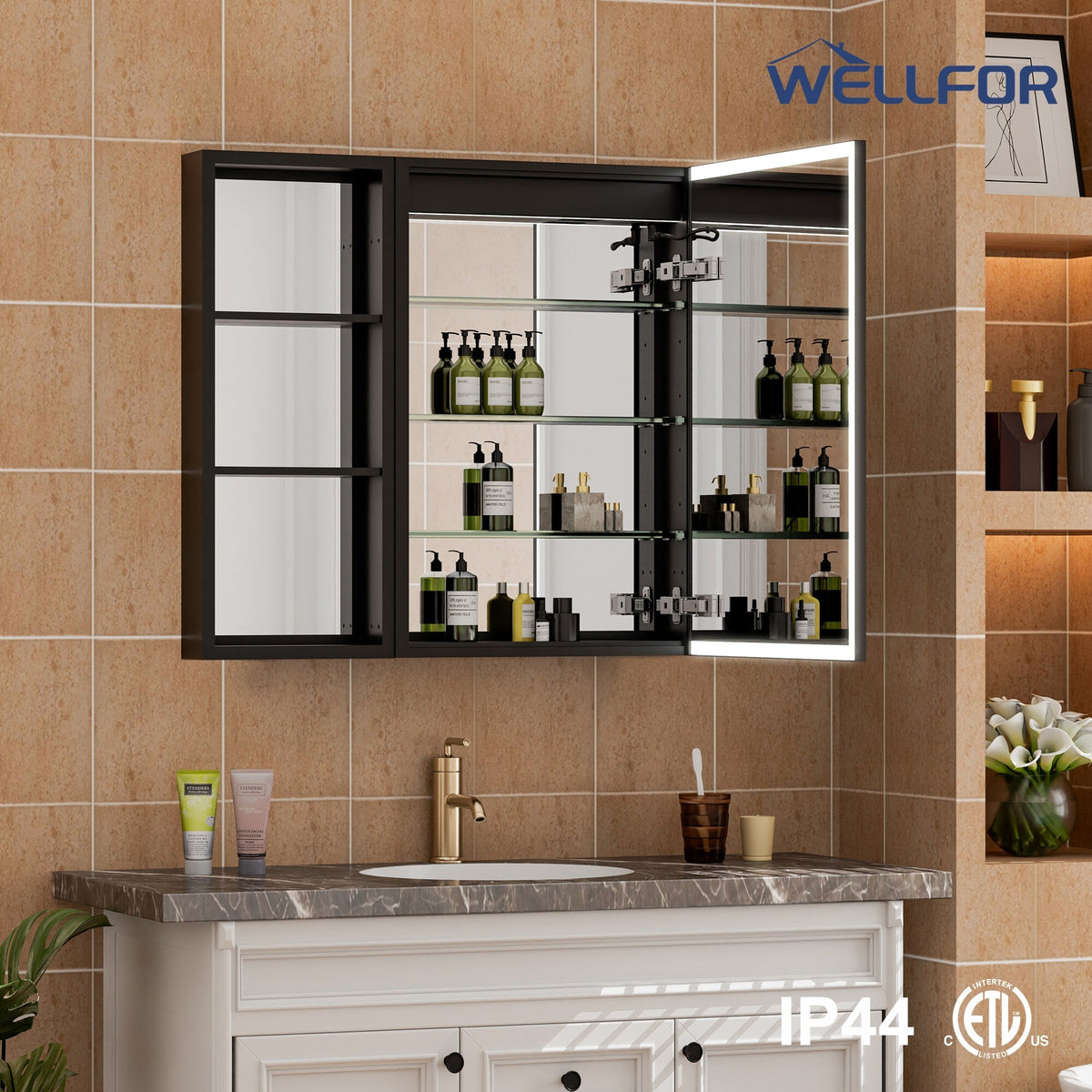 WELLFOR W12 44-in x 30-in Lighted LED Fog Free Surface/Recessed Mount Anodized Black Aluminum Mirrored Soft Close Medicine Cabinet with Outlet