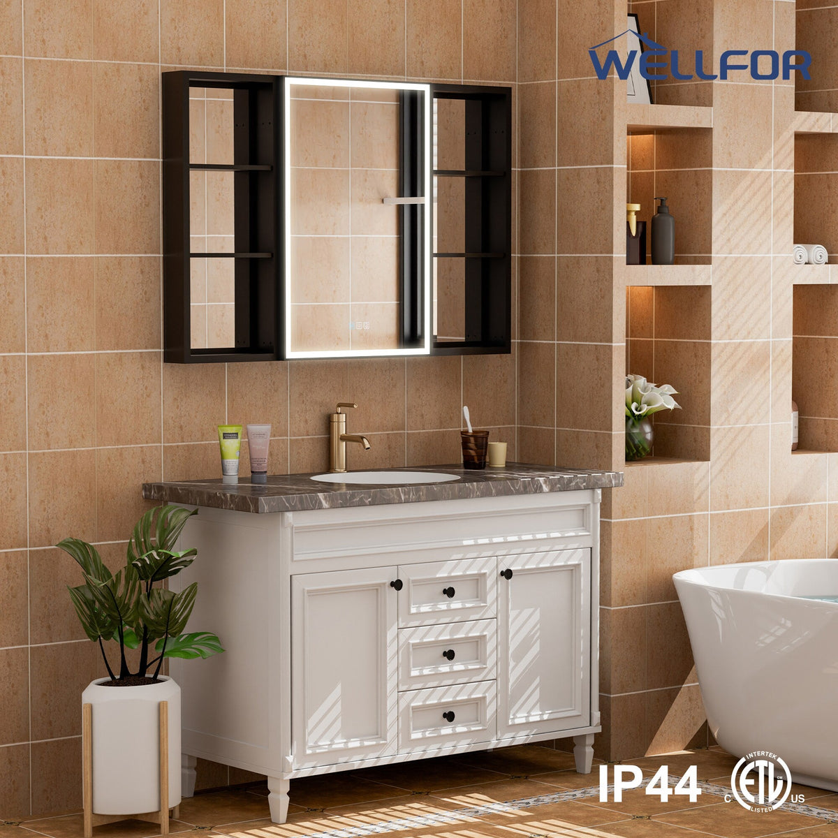 WELLFOR W12 44-in x 30-in Lighted LED Fog Free Surface/Recessed Mount Anodized Black Aluminum Mirrored Soft Close Medicine Cabinet with Outlet