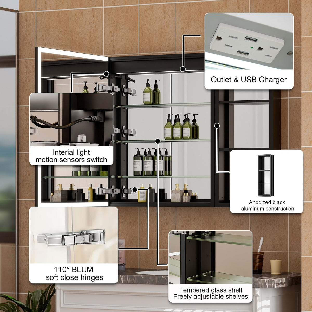 WELLFOR W12 48-in x 30-in Lighted LED Fog Free Surface/Recessed Mount Anodized Black Aluminum Mirrored Soft Close Medicine Cabinet with Outlet