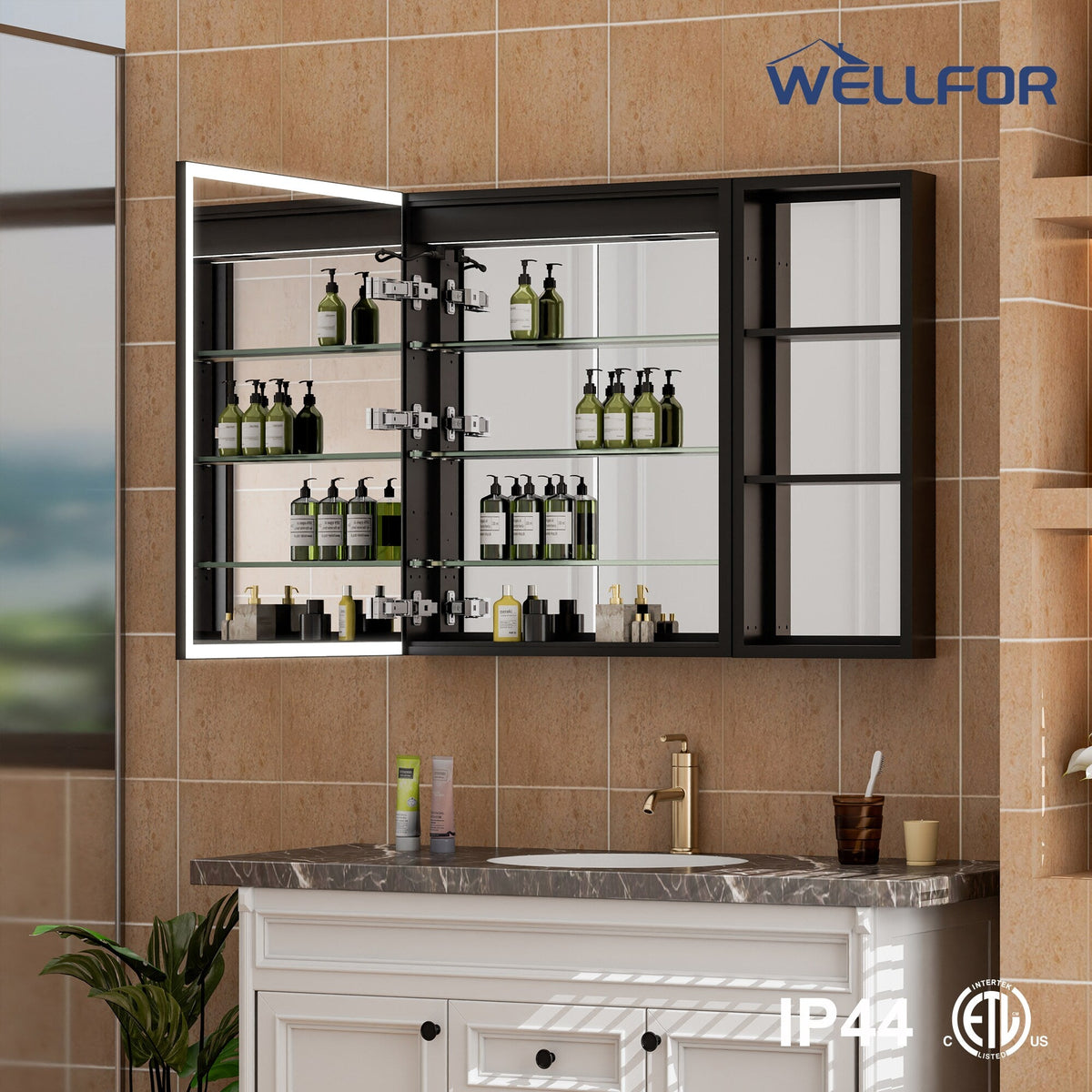 WELLFOR W12 48-in x 30-in Lighted LED Fog Free Surface/Recessed Mount Anodized Black Aluminum Mirrored Soft Close Medicine Cabinet with Outlet