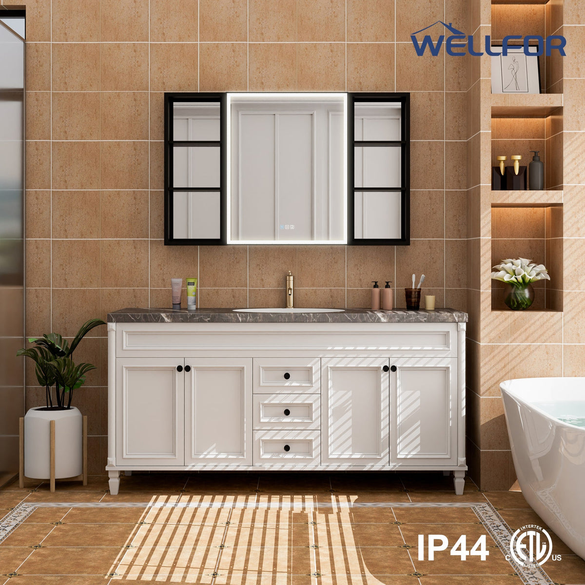 WELLFOR W12 48-in x 30-in Lighted LED Fog Free Surface/Recessed Mount Anodized Black Aluminum Mirrored Soft Close Medicine Cabinet with Outlet