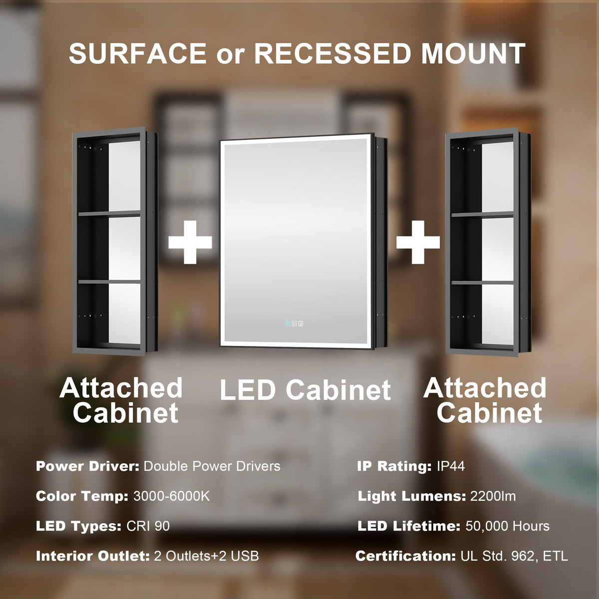 WELLFOR W12 48-in x 30-in Lighted LED Fog Free Surface/Recessed Mount Anodized Black Aluminum Mirrored Soft Close Medicine Cabinet with Outlet