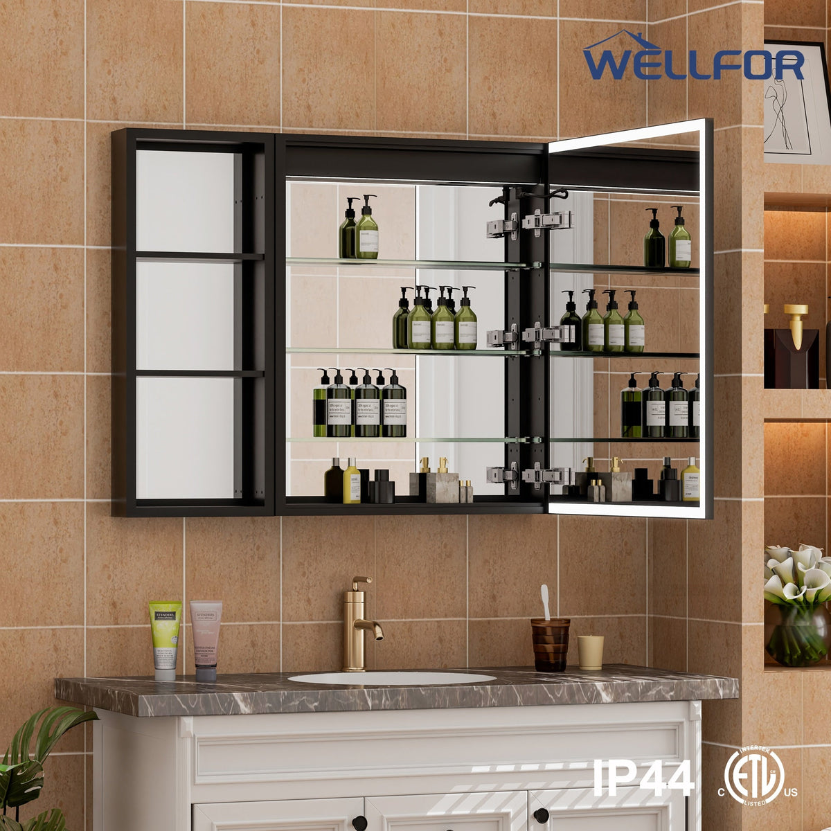 WELLFOR W12 48-in x 30-in Lighted LED Fog Free Surface/Recessed Mount Anodized Black Aluminum Mirrored Soft Close Medicine Cabinet with Outlet