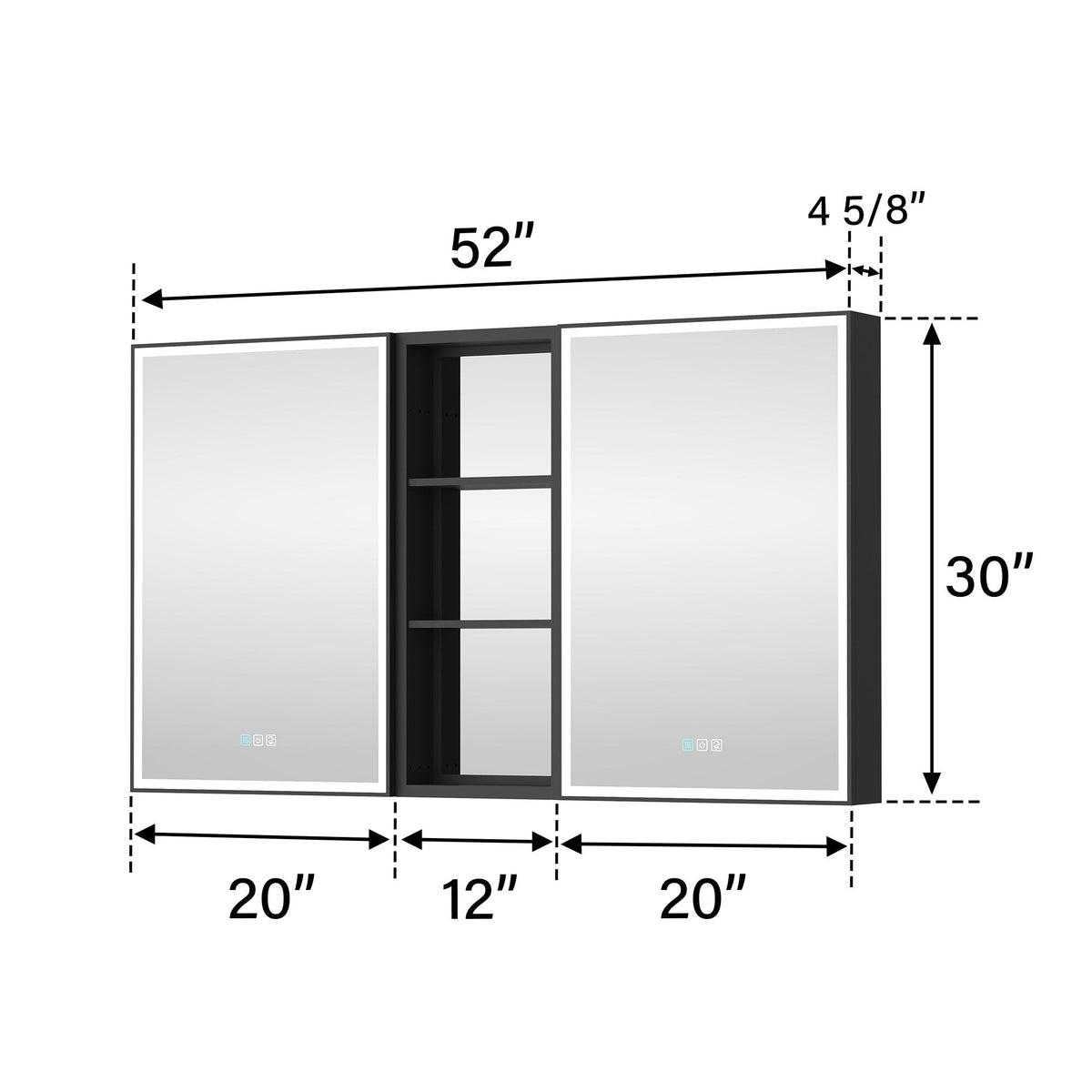 WELLFOR W12 53-in x 30-in Lighted LED Fog Free Surface/Recessed Mount Anodized Black Aluminum Mirrored Soft Close Medicine Cabinet with Outlet