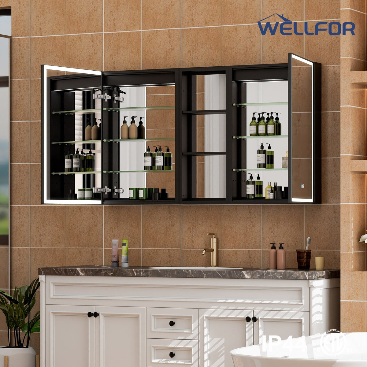 WELLFOR W12 53-in x 30-in Lighted LED Fog Free Surface/Recessed Mount Anodized Black Aluminum Mirrored Soft Close Medicine Cabinet with Outlet