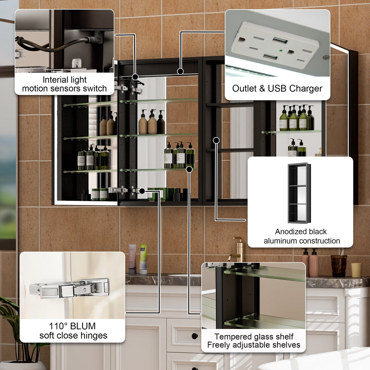 WELLFOR W12 53-in x 30-in Lighted LED Fog Free Surface/Recessed Mount Anodized Black Aluminum Mirrored Soft Close Medicine Cabinet with Outlet