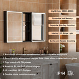 WELLFOR W12 53-in x 30-in Lighted LED Fog Free Surface/Recessed Mount Anodized Black Aluminum Mirrored Soft Close Medicine Cabinet with Outlet