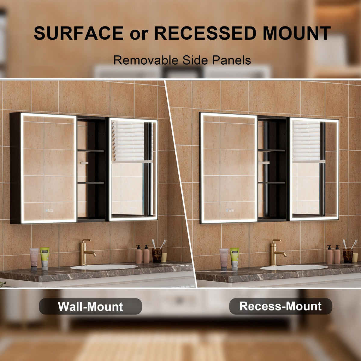 WELLFOR W12 53-in x 30-in Lighted LED Fog Free Surface/Recessed Mount Anodized Black Aluminum Mirrored Soft Close Medicine Cabinet with Outlet