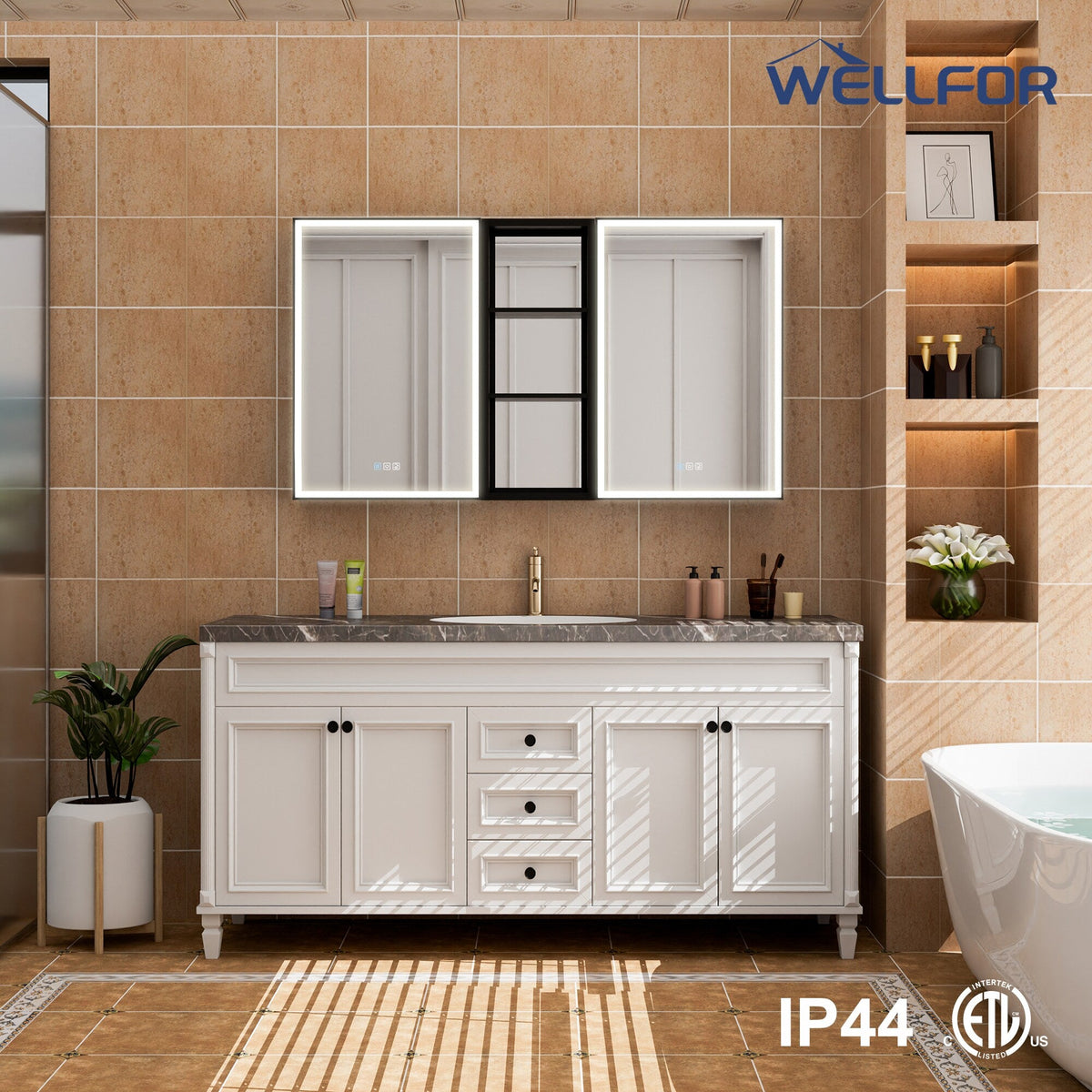 WELLFOR W12 53-in x 30-in Lighted LED Fog Free Surface/Recessed Mount Anodized Black Aluminum Mirrored Soft Close Medicine Cabinet with Outlet