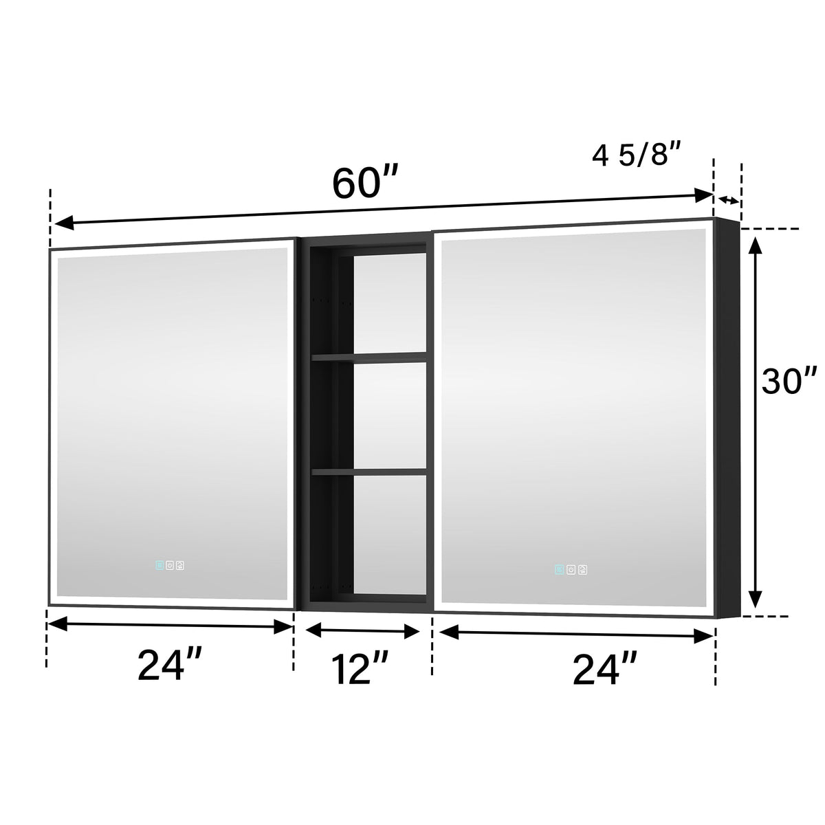 WELLFOR W12 60-in x 30-in Lighted LED Fog Free Surface/Recessed Mount Anodized Black Aluminum Mirrored Soft Close Medicine Cabinet with Outlet