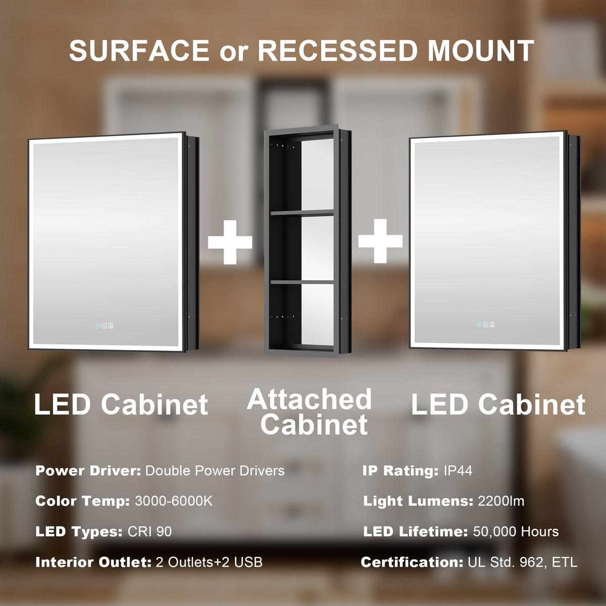 WELLFOR W12 60-in x 30-in Lighted LED Fog Free Surface/Recessed Mount Anodized Black Aluminum Mirrored Soft Close Medicine Cabinet with Outlet