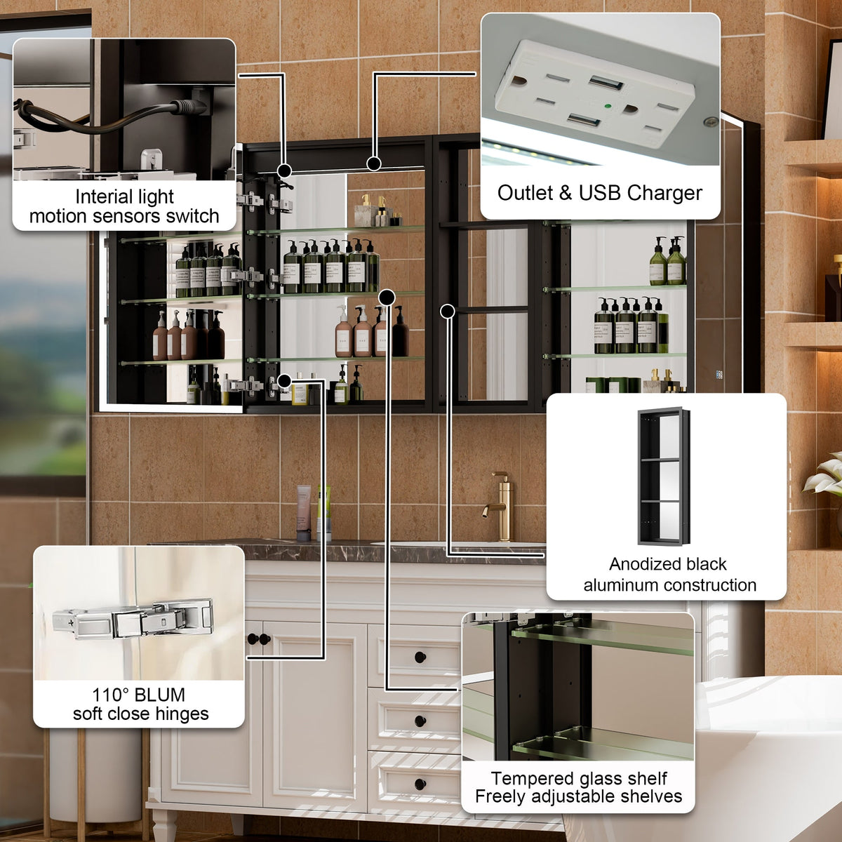 WELLFOR W12 60-in x 30-in Lighted LED Fog Free Surface/Recessed Mount Anodized Black Aluminum Mirrored Soft Close Medicine Cabinet with Outlet
