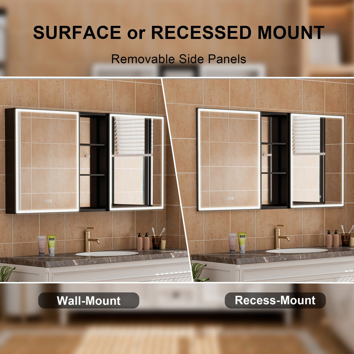 WELLFOR W12 60-in x 30-in Lighted LED Fog Free Surface/Recessed Mount Anodized Black Aluminum Mirrored Soft Close Medicine Cabinet with Outlet