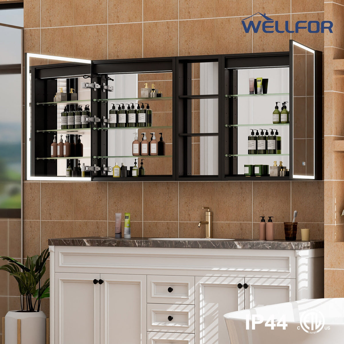 WELLFOR W12 60-in x 30-in Lighted LED Fog Free Surface/Recessed Mount Anodized Black Aluminum Mirrored Soft Close Medicine Cabinet with Outlet