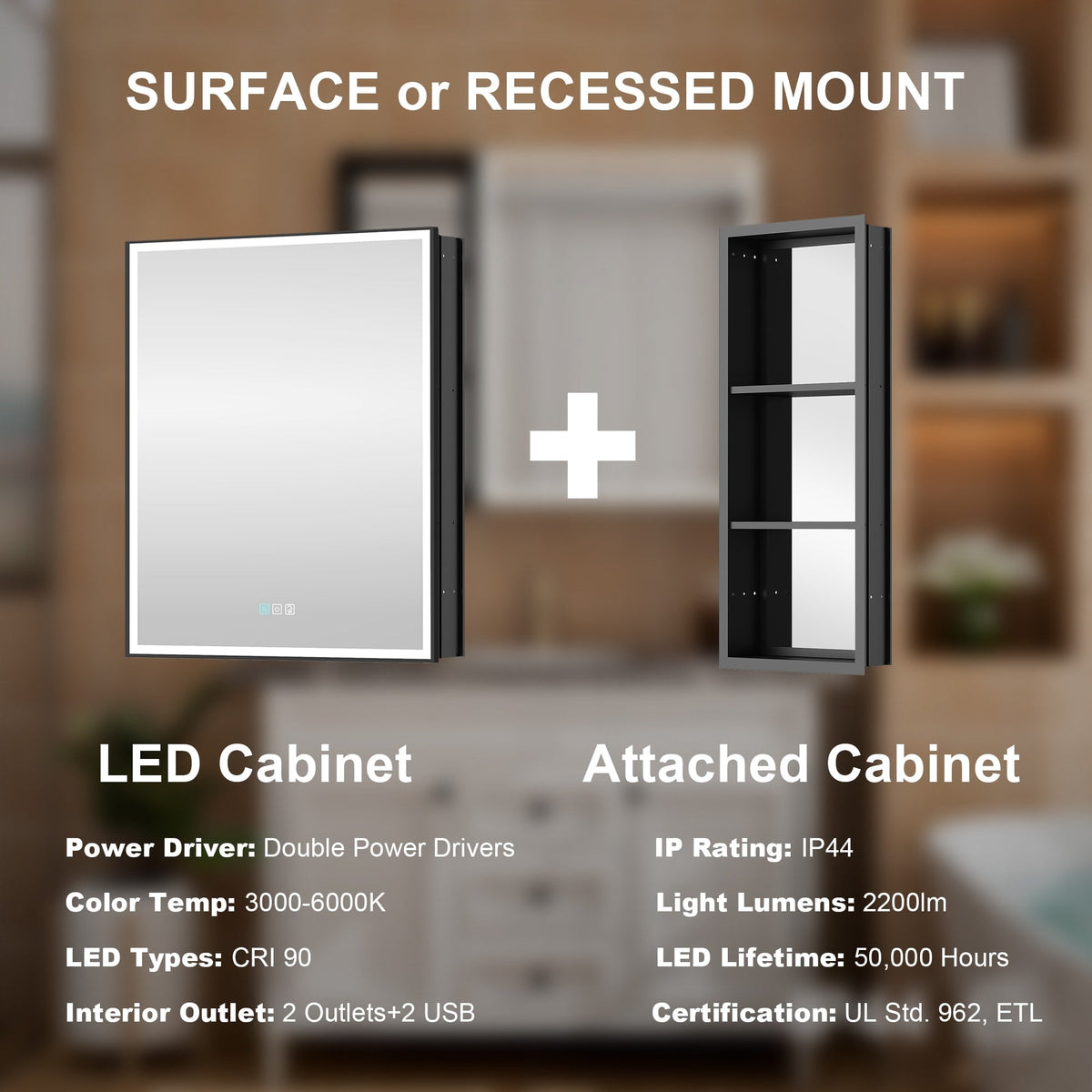 WELLFOR W12 36-in x 30-in Lighted LED Fog Free Surface/Recessed Mount Anodized Black Aluminum Mirrored Soft Close Medicine Cabinet with Outlet