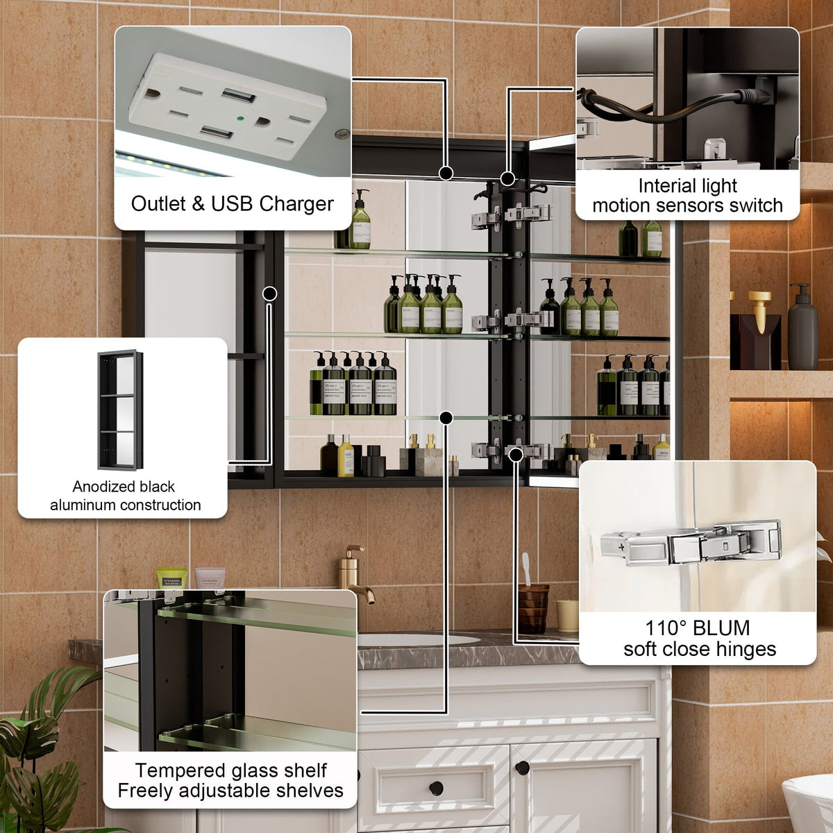 WELLFOR W12 36-in x 30-in Lighted LED Fog Free Surface/Recessed Mount Anodized Black Aluminum Mirrored Soft Close Medicine Cabinet with Outlet
