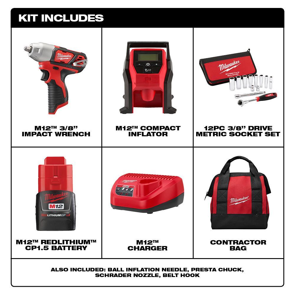 M12 12-Volt Lithium-Ion Cordless 3/8 in. Impact Wrench and Inflator Combo Kit with 3/8 in. Drive Metric Socket Set - Super Arbor