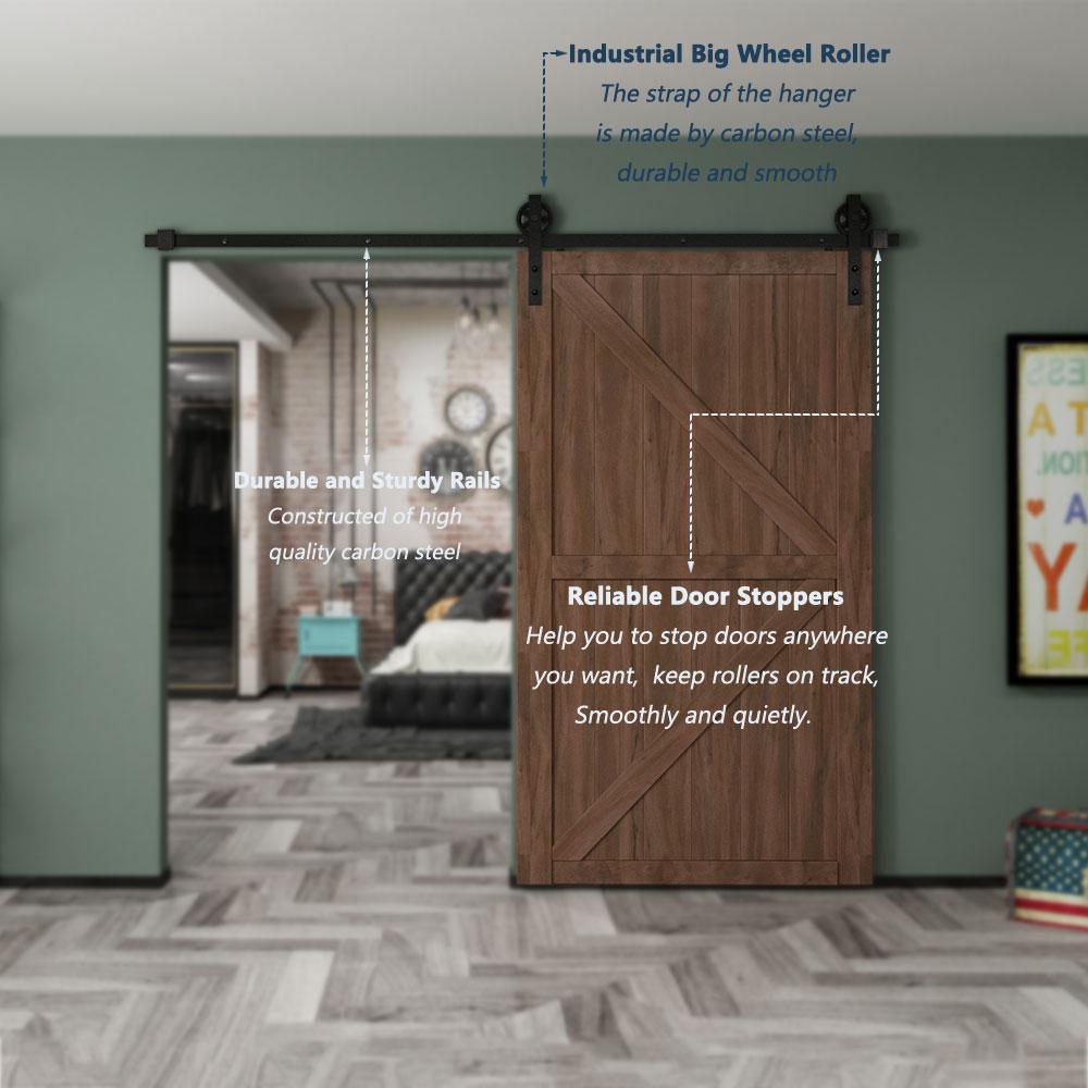 8 ft./96 in. Black Sliding Barn Door Track and Hardware Kit (Bigwheel J Shape Hanger) for Single Door with Floor Guide - Super Arbor
