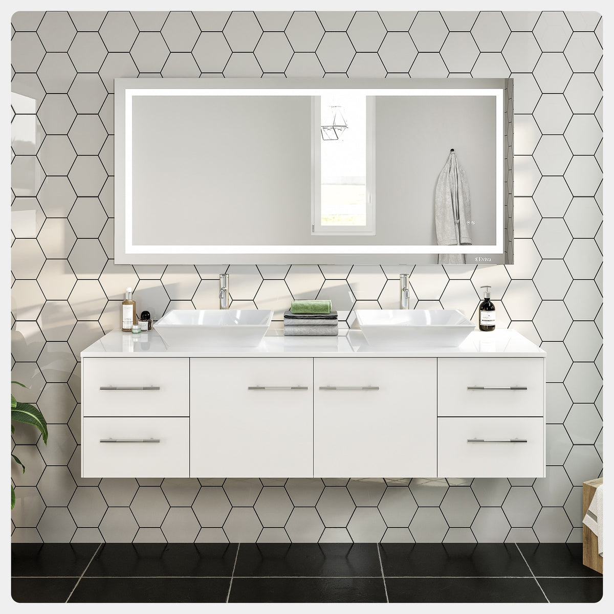 Eviva Totti Wave 72 in. W x 16 in. D x 22 in. H Double Bathroom Vanity in White with White Glassos Top and White Vessel Sinks