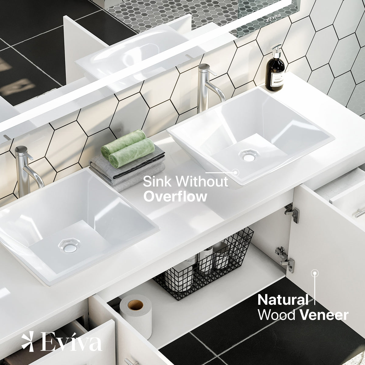Eviva Totti Wave 72 in. W x 16 in. D x 22 in. H Double Bathroom Vanity in White with White Glassos Top and White Vessel Sinks