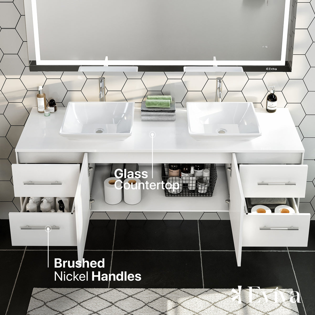 Eviva Totti Wave 72 in. W x 16 in. D x 22 in. H Double Bathroom Vanity in White with White Glassos Top and White Vessel Sinks