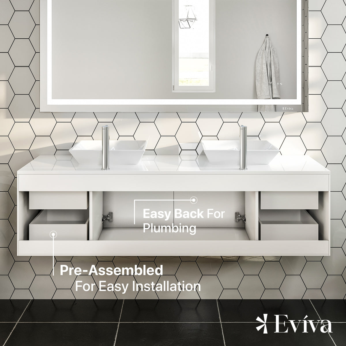 Eviva Totti Wave 72 in. W x 16 in. D x 22 in. H Double Bathroom Vanity in White with White Glassos Top and White Vessel Sinks