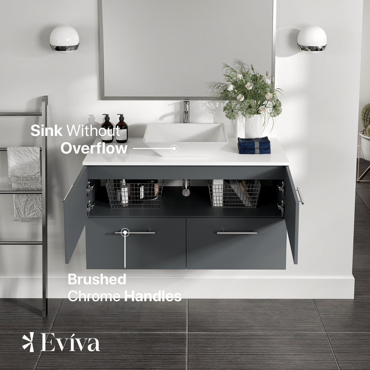 Eviva Luxury 39"W x 20"D Gray Wall-Mount Bathroom Vanity with White Tempered Glass Countertop and Vessel Porcelain Sink