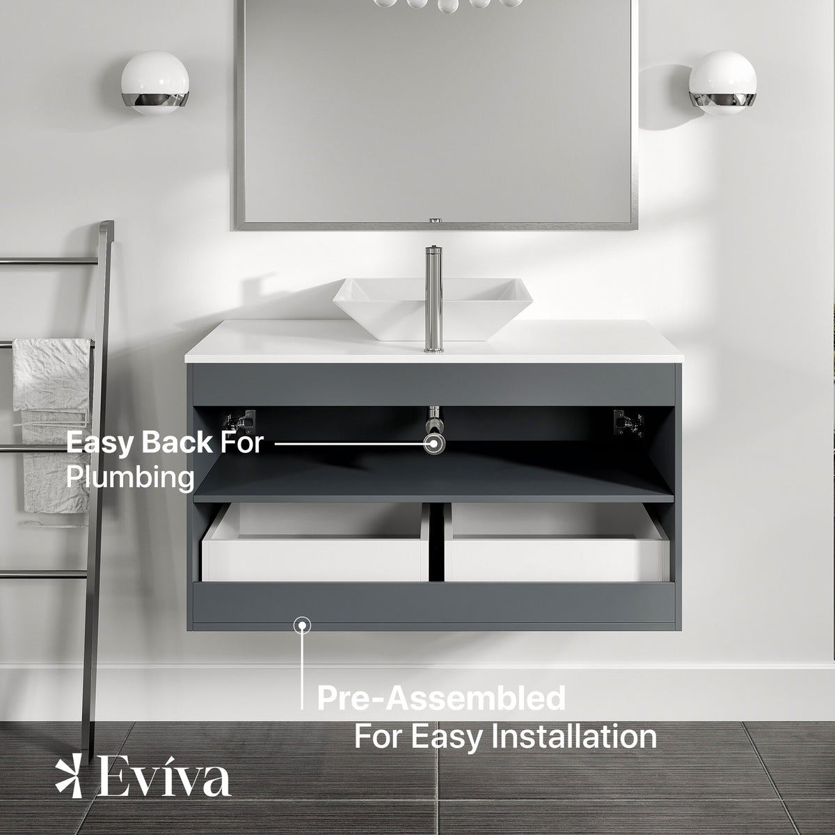 Eviva Luxury 39"W x 20"D Gray Wall-Mount Bathroom Vanity with White Tempered Glass Countertop and Vessel Porcelain Sink