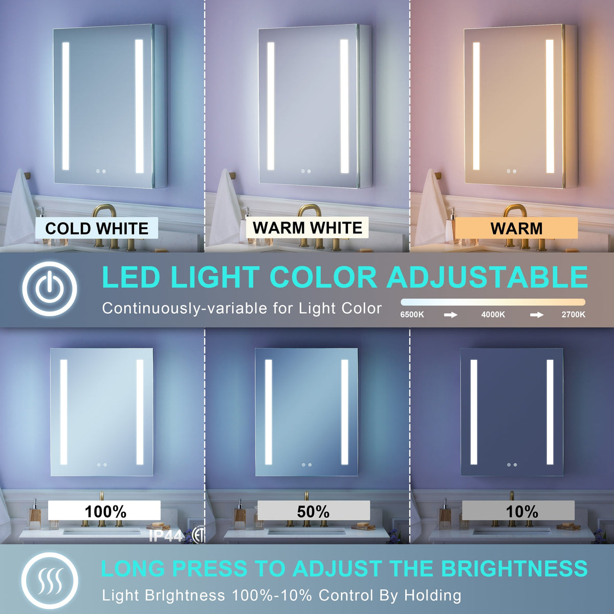 WELLFOR VICK 24-in x 30-in Lighted LED Fog Free Surface/Recessed Mount Silver Mirrored Soft Close Medicine Cabinet with Outlet