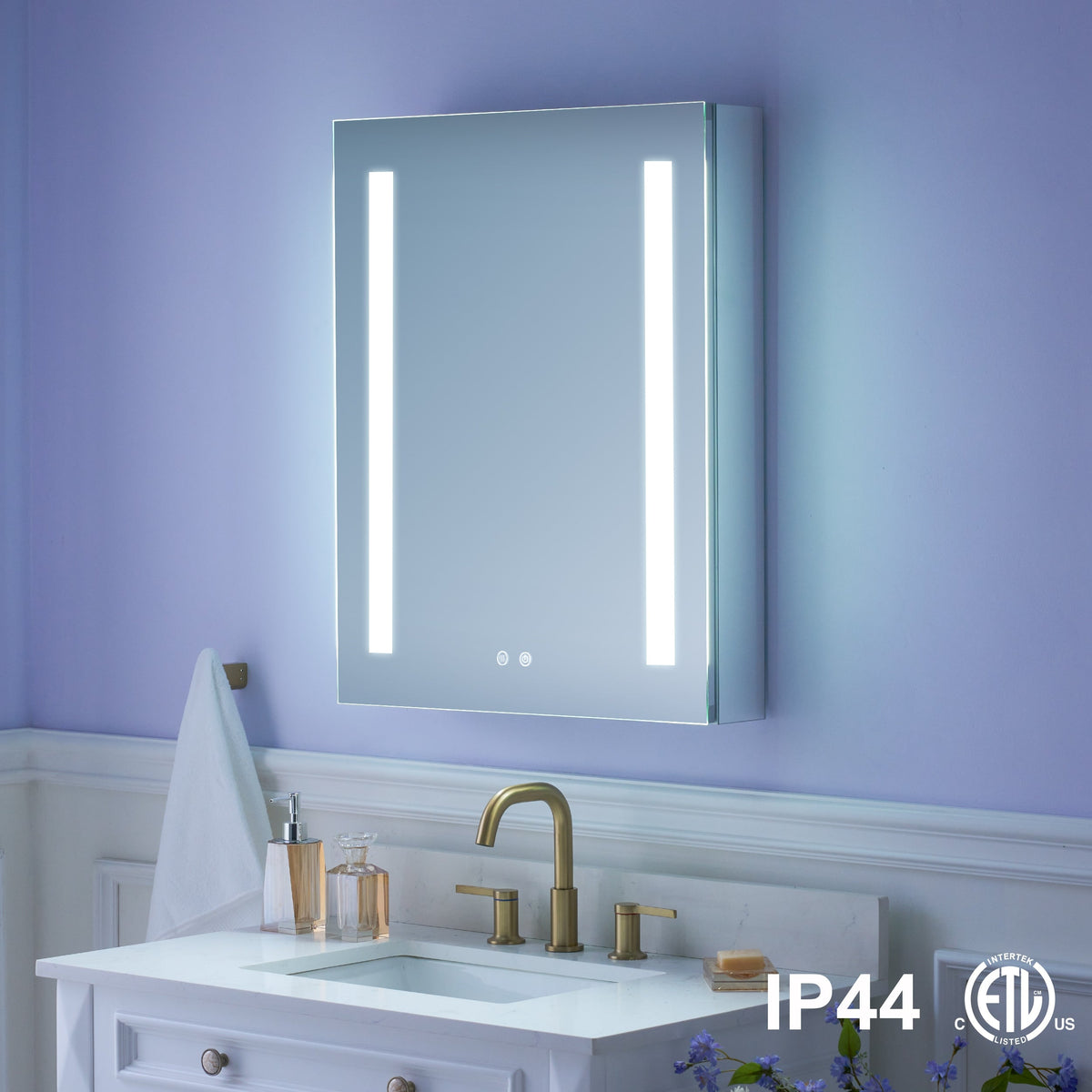 WELLFOR VICK 24-in x 30-in Lighted LED Fog Free Surface/Recessed Mount Silver Mirrored Soft Close Medicine Cabinet with Outlet