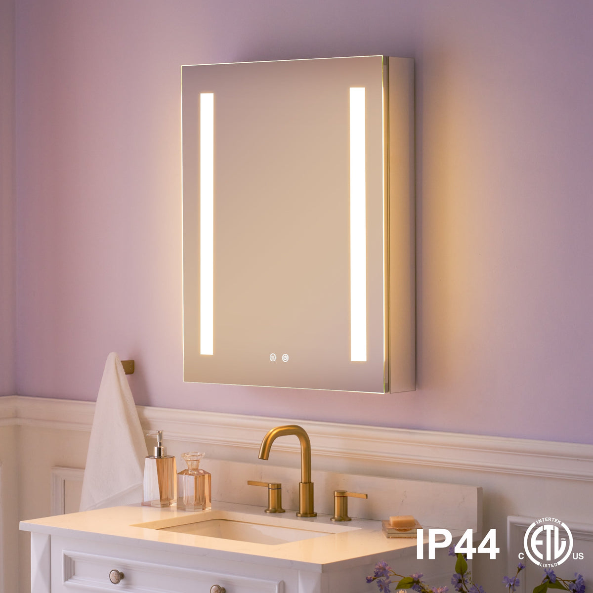 WELLFOR VICK 24-in x 30-in Lighted LED Fog Free Surface/Recessed Mount Silver Mirrored Soft Close Medicine Cabinet with Outlet