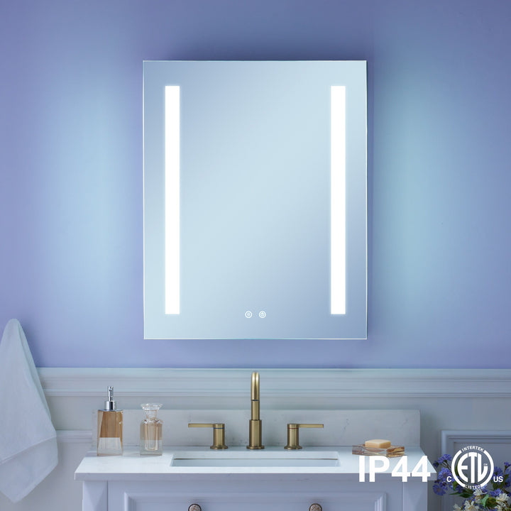 WELLFOR VICK 24-in x 30-in Lighted LED Fog Free Surface/Recessed Mount Silver Mirrored Soft Close Medicine Cabinet with Outlet