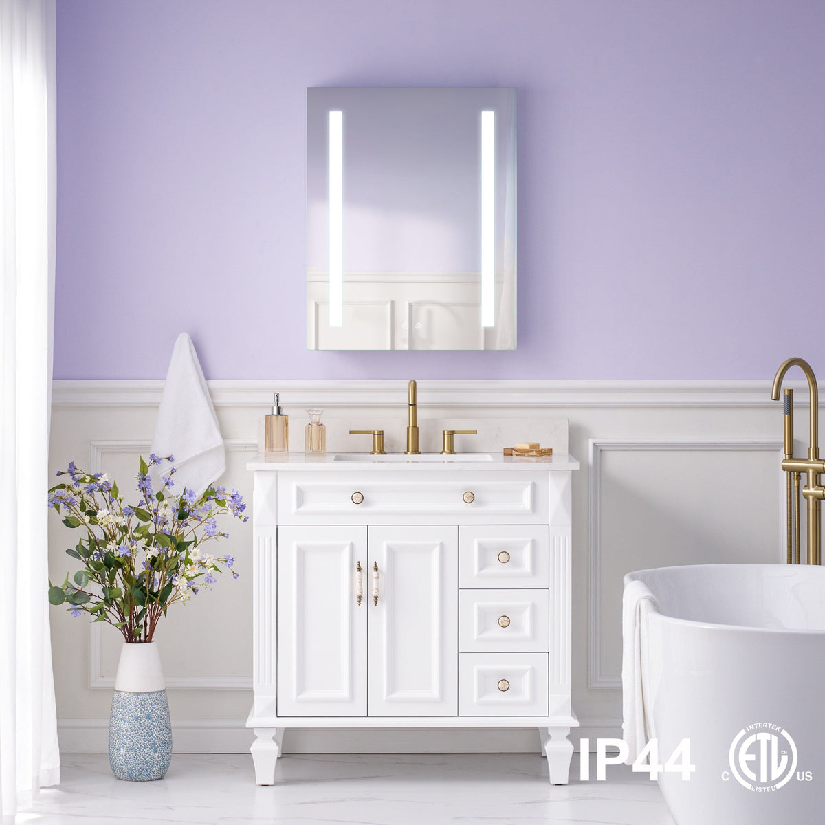 WELLFOR VICK 24-in x 30-in Lighted LED Fog Free Surface/Recessed Mount Silver Mirrored Soft Close Medicine Cabinet with Outlet