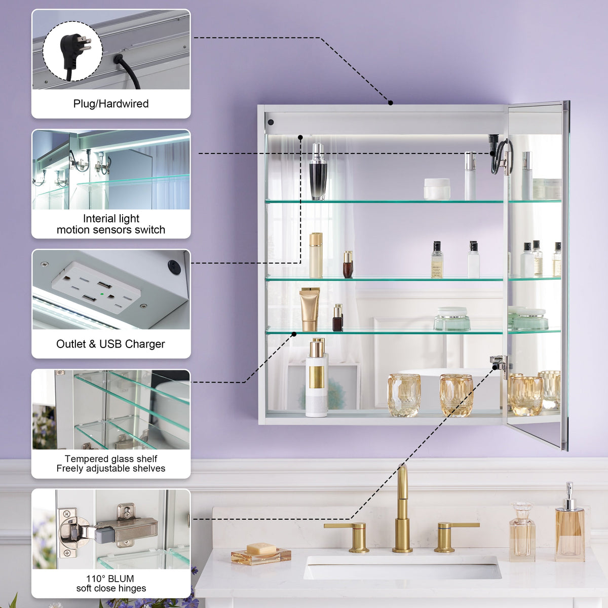 WELLFOR VICK 24-in x 30-in Lighted LED Fog Free Surface/Recessed Mount Silver Mirrored Soft Close Medicine Cabinet with Outlet