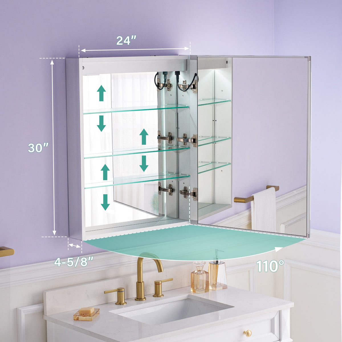 WELLFOR VICK 24-in x 30-in Lighted LED Fog Free Surface/Recessed Mount Silver Mirrored Soft Close Medicine Cabinet with Outlet
