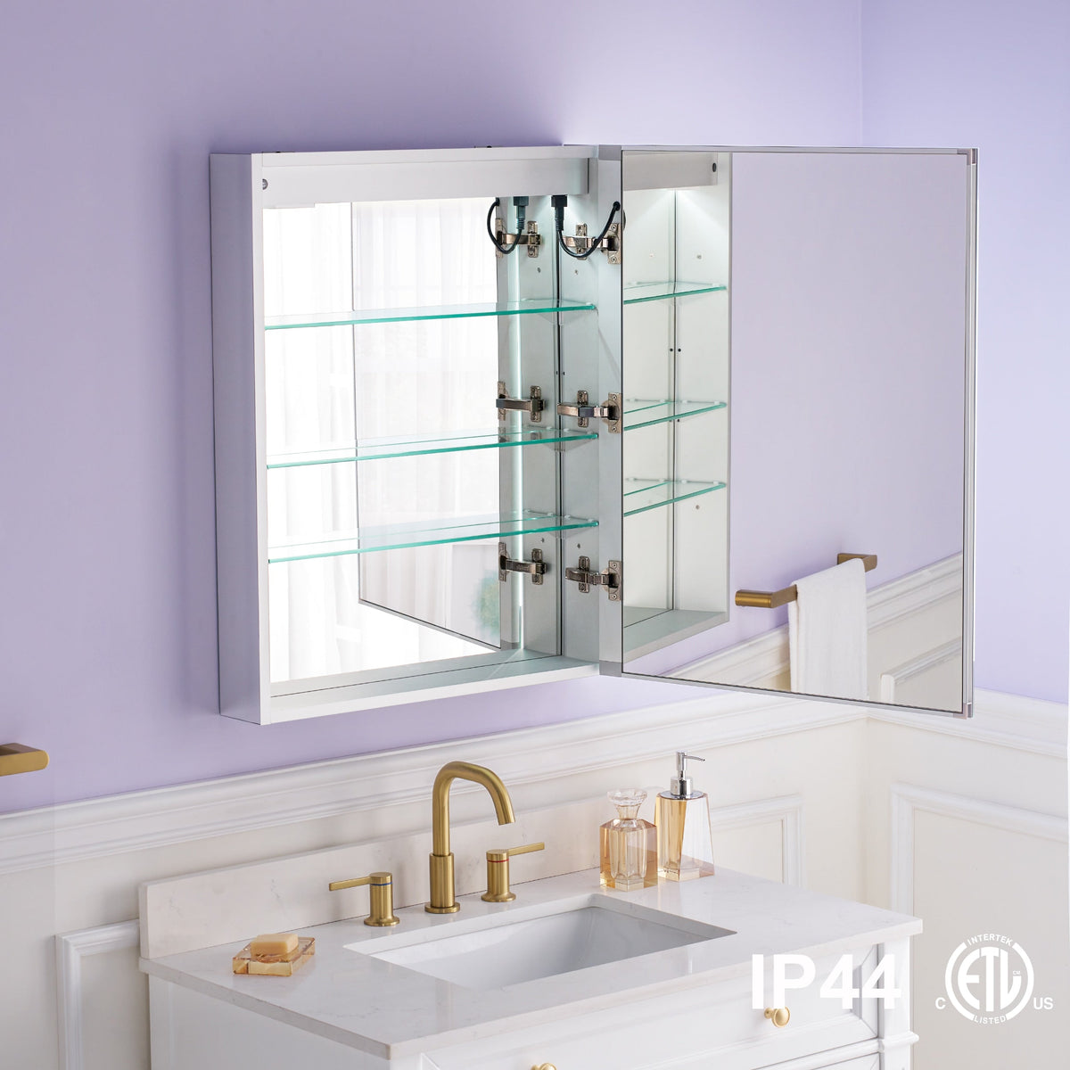 WELLFOR VICK 24-in x 30-in Lighted LED Fog Free Surface/Recessed Mount Silver Mirrored Soft Close Medicine Cabinet with Outlet