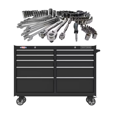 CRAFTSMAN 2000 Series 52-in W x 37.5-in H 10-Drawer Steel Rolling Tool Cabinet (Black) & 121-Piece Standard (SAE) and Metric Combination Gunmetal Chrome Mechanics Tool Set (1/4-in; 3/8-in)