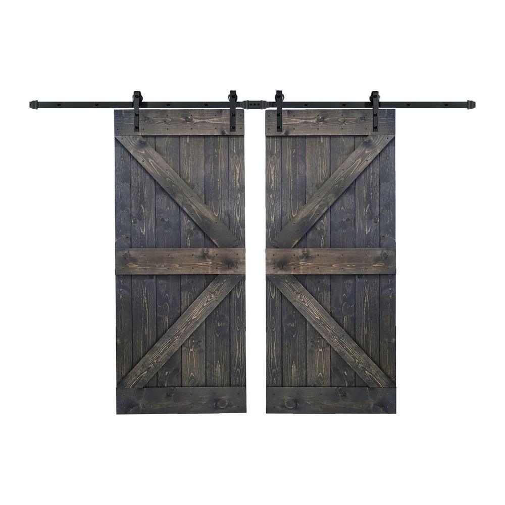 72 in x 84 in K Series Dark Walnut DIY Finished Knotty Pine Wood Double Sliding Barn Door Slab with Hardware Kit - Super Arbor