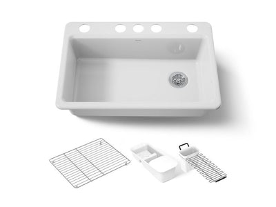 KOHLER Riverby Undermount Cast Iron 33 in. 5-Hole Single Bowl Kitchen Sink with Accessories in White