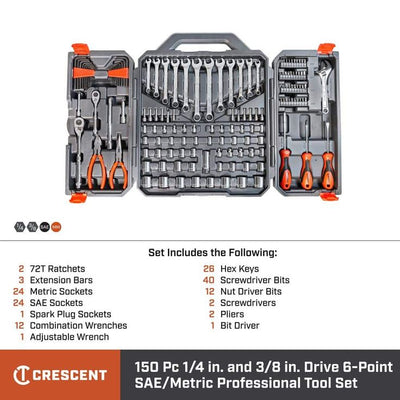 Crescent 1/4 in. and 3/8 in. Drive 6-Point Standard SAE/Metric Mechanics Tool Set with Case (150-Piece)
