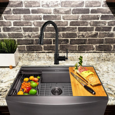 All-in-One Matte Black Finished Stainless Steel 33 in. x 20 in. Farmhouse Apron Mount Kitchen Sink with Pull-down Faucet